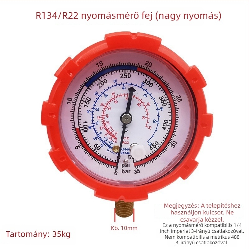 Szelepszzerelvény: kapcsoló- és háromjáratú szelep, nyomásmérő, látóablak a hűtőközeghez, kiáramló szelep