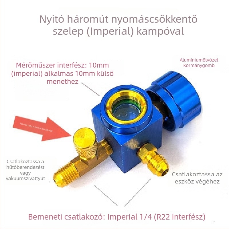 Szelepszzerelvény: kapcsoló- és háromjáratú szelep, nyomásmérő, látóablak a hűtőközeghez, kiáramló szelep