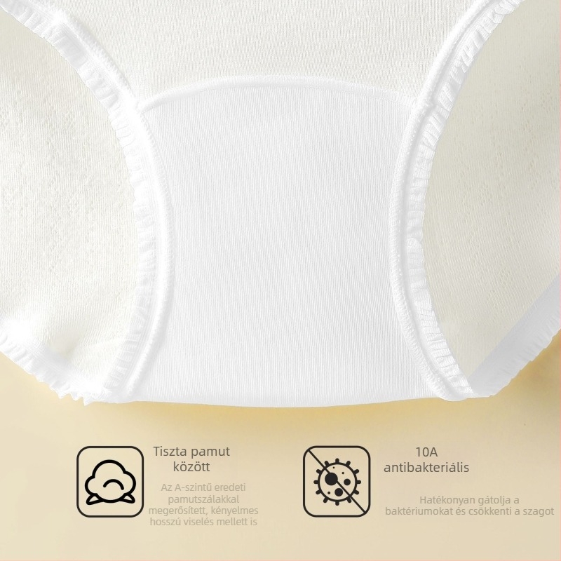 Pamut női menstruációs fehérnemű - középmagas derekú, varrás nélküli, antibakteriális, lélegző; 90–95% pamut, pamut bélés a szeméremrésznél