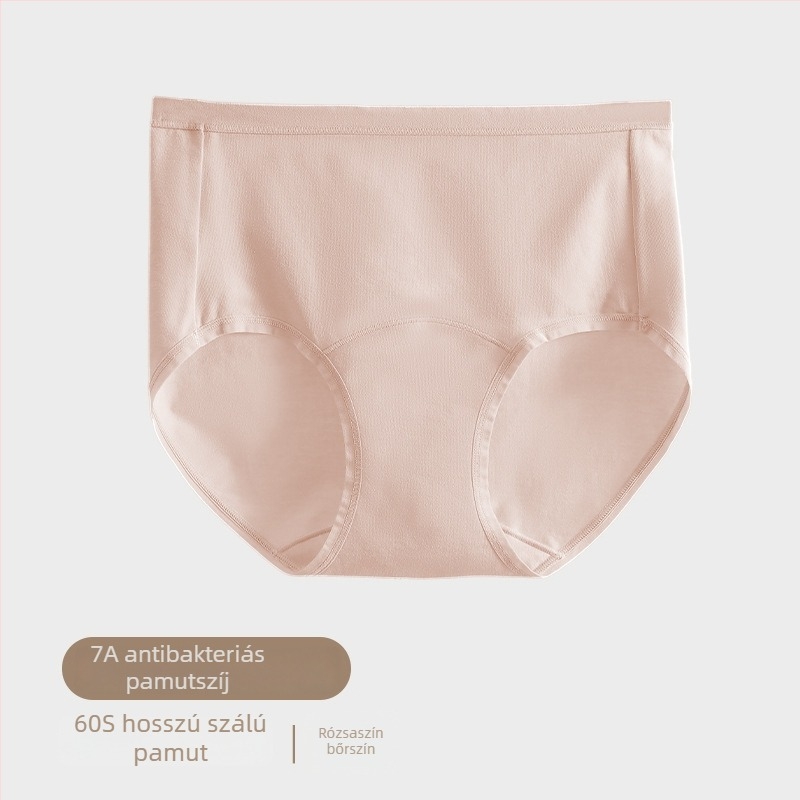Női pamut alsónemű középmagas derekú, lélegző és antibakteriális kötött anyagból, fő anyag 90–95% pamut, belső pamut betét az ágyék tájon