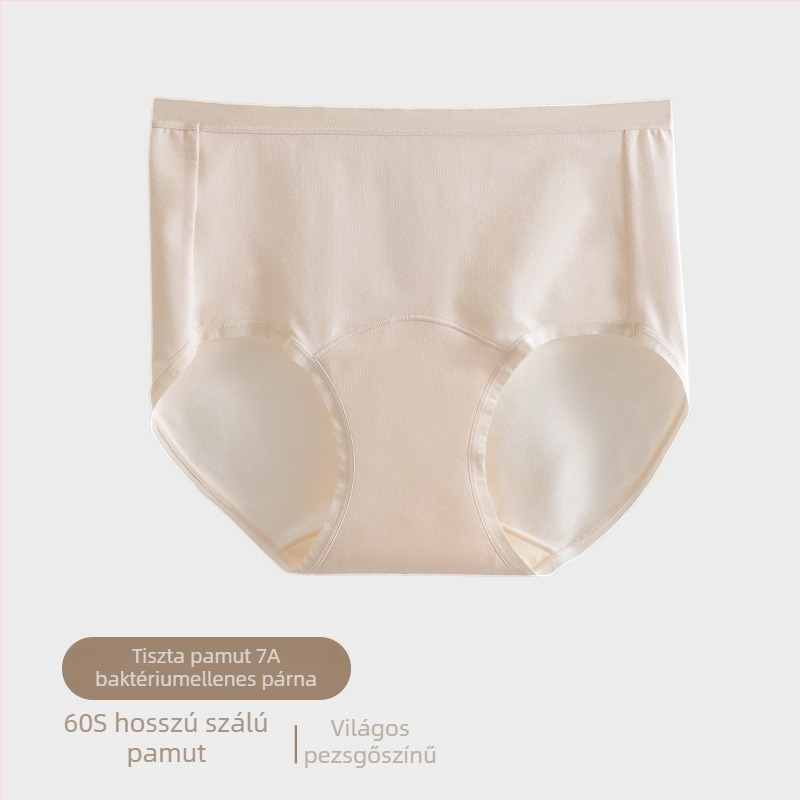 Női pamut alsónemű középmagas derekú, lélegző és antibakteriális kötött anyagból, fő anyag 90–95% pamut, belső pamut betét az ágyék tájon