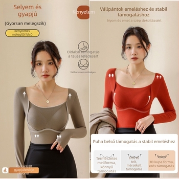 Női gyapjú-selyem termosz-top V-nyakkal, beépített kosár/melltartó kosár, vast kötés 251–300 g/m², fő anyag 80–90%, hosszú ujjú, testformázó és melegítő