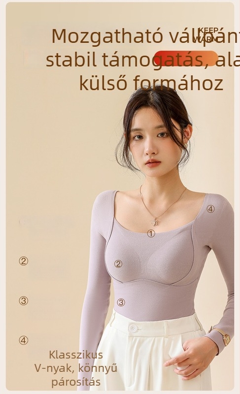 Női gyapjú-selyem termosz-top V-nyakkal, beépített kosár/melltartó kosár, vast kötés 251–300 g/m², fő anyag 80–90%, hosszú ujjú, testformázó és melegítő