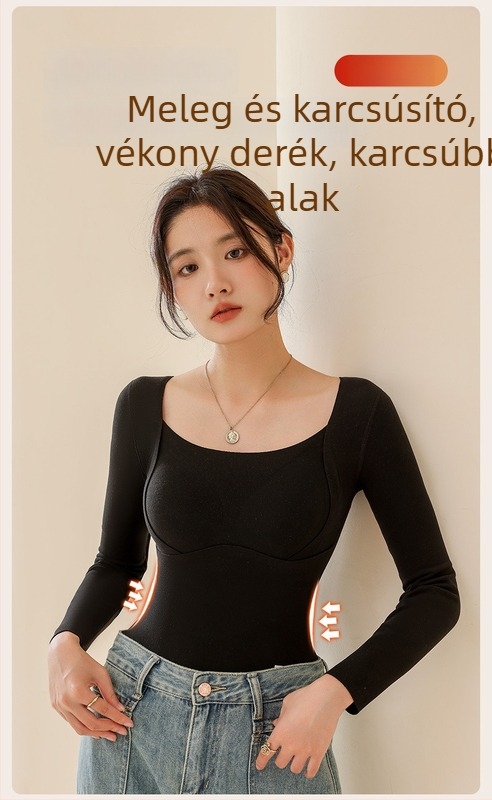 Női gyapjú-selyem termosz-top V-nyakkal, beépített kosár/melltartó kosár, vast kötés 251–300 g/m², fő anyag 80–90%, hosszú ujjú, testformázó és melegítő