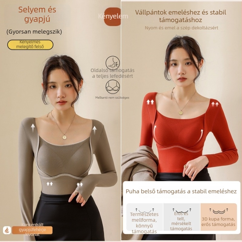 Női gyapjú-selyem termosz-top V-nyakkal, beépített kosár/melltartó kosár, vast kötés 251–300 g/m², fő anyag 80–90%, hosszú ujjú, testformázó és melegítő