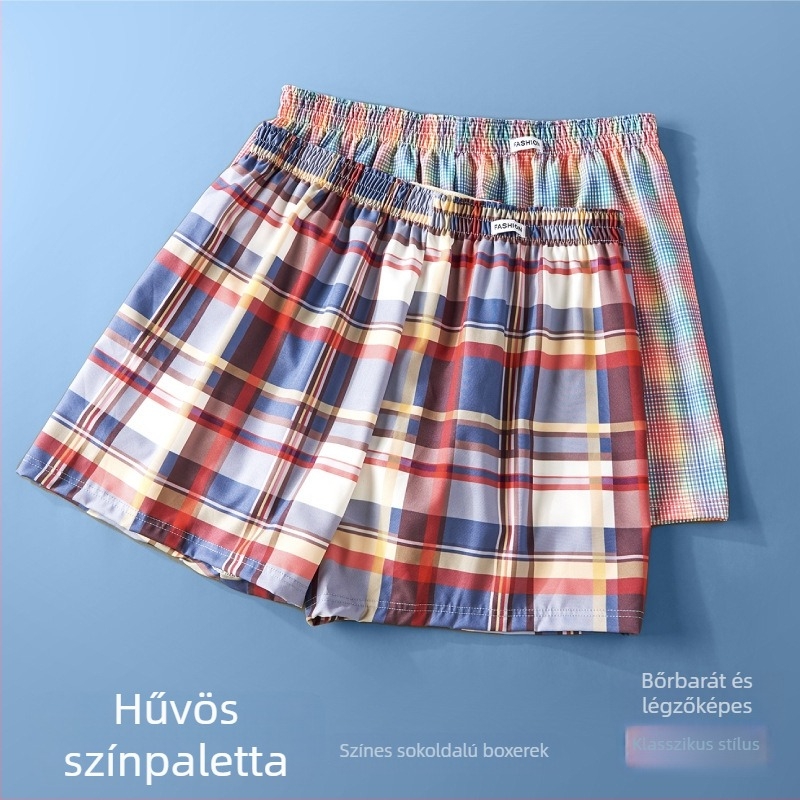 Férfi szövött kockás boxeralsók, poliészter rostból, középmagas derék, lélegző