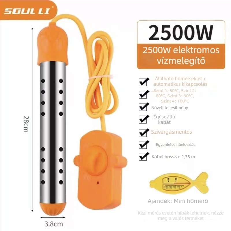 Gyors felmelegedésű elektromos vízmelegítő rúd, automatikus kikapcsolás, szivárgásmentes kialakítás, 2–3 kW, háztartási használatra