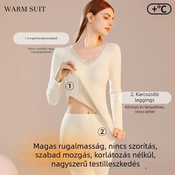 Női melegítő alapréteg készlet beépített melltartó párnákkal, karcsú szabású felső V‑nyakkal és nadrággal, őszi–téli meleg, selyemérzetű felület