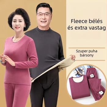 Uniszex fleece-beléssel bélelt termo alsó-felső készlet ősz-télre, hosszú ujjú felső és nadrág, egyszínű, dupla rétegű, meleg