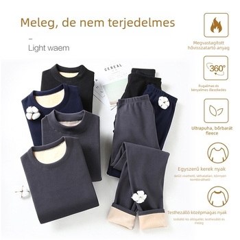 Uniszex fleece-beléssel bélelt termo alsó-felső készlet ősz-télre, hosszú ujjú felső és nadrág, egyszínű, dupla rétegű, meleg