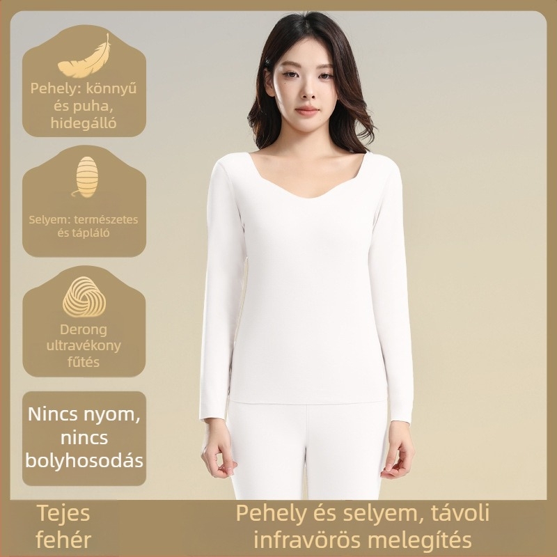 Női őszi-téli termo alsó-felső szett, alapréteg varrat nélküli, V-nyakú, hosszú ujjú felső és nadrág