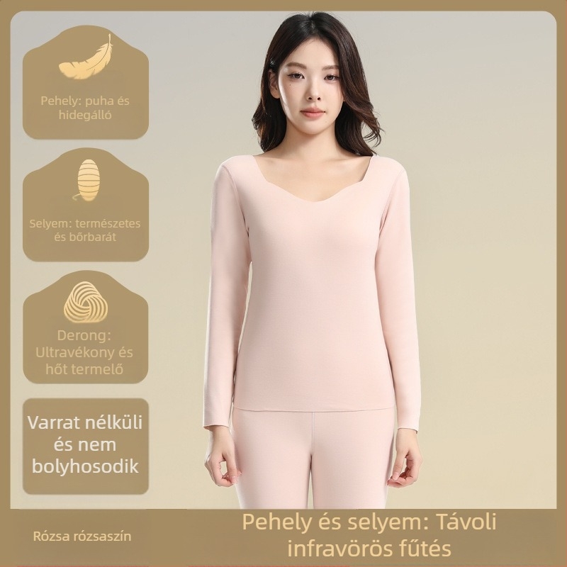 Női őszi-téli termo alsó-felső szett, alapréteg varrat nélküli, V-nyakú, hosszú ujjú felső és nadrág