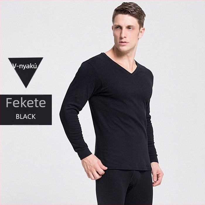 Férfiak 100% pamut thermál alsóruha készlet, V-nyakú felső, vékony egyrétegű, hosszú ujjú felső és nadrág, szövetsúly 181-200 g/m²