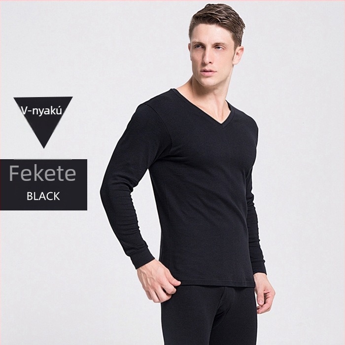 Férfiak 100% pamut thermál alsóruha készlet, V-nyakú felső, vékony egyrétegű, hosszú ujjú felső és nadrág, szövetsúly 181-200 g/m²