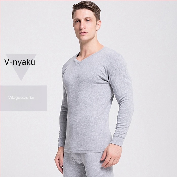 Férfiak 100% pamut thermál alsóruha készlet, V-nyakú felső, vékony egyrétegű, hosszú ujjú felső és nadrág, szövetsúly 181-200 g/m²