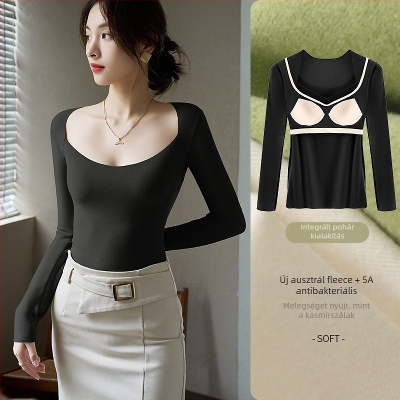 Női melegítő alsó-felső szett V-nyakú felső beépített mellpárnával; viszkóz anyag; bársonyos bélés; vastag anyag 251–300 g/m²