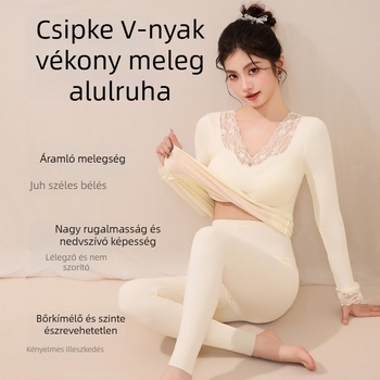 Csipkés V‑nyakú hosszú ujjú női termo alsó melltámaszokkal, vastag alapréteg, felső és nadrág őszi szetthez