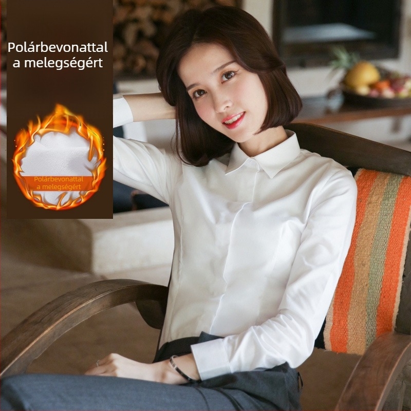 Fleece-alapú béléssel ellátott hosszú ujjú ing, pamut-poliészter keverék, szűk fazon, V-nyakú gallér, professzionális munkaruházat