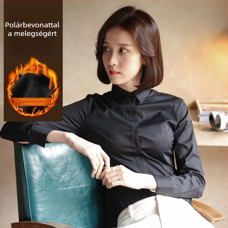 Fleece-alapú béléssel ellátott hosszú ujjú ing, pamut-poliészter keverék, szűk fazon, V-nyakú gallér, professzionális munkaruházat