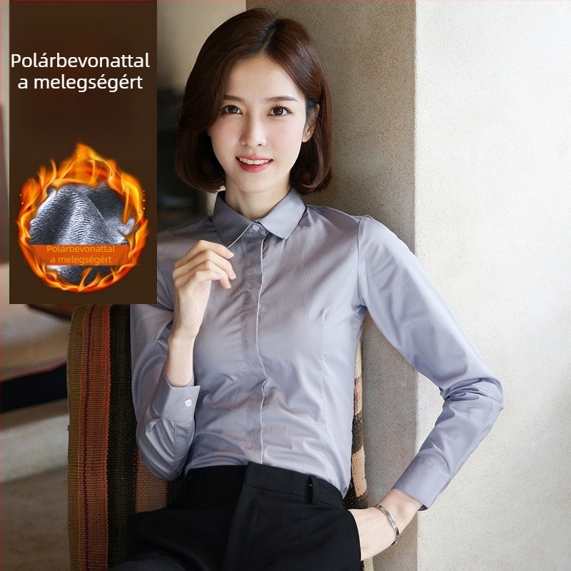 Fleece-alapú béléssel ellátott hosszú ujjú ing, pamut-poliészter keverék, szűk fazon, V-nyakú gallér, professzionális munkaruházat