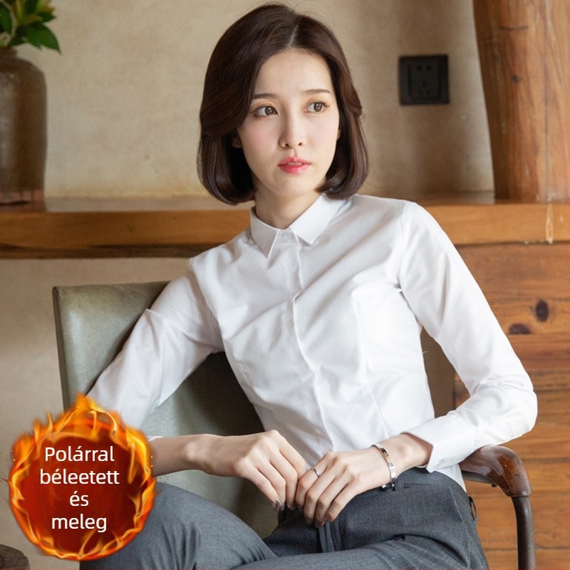 Fleece-alapú béléssel ellátott hosszú ujjú ing, pamut-poliészter keverék, szűk fazon, V-nyakú gallér, professzionális munkaruházat