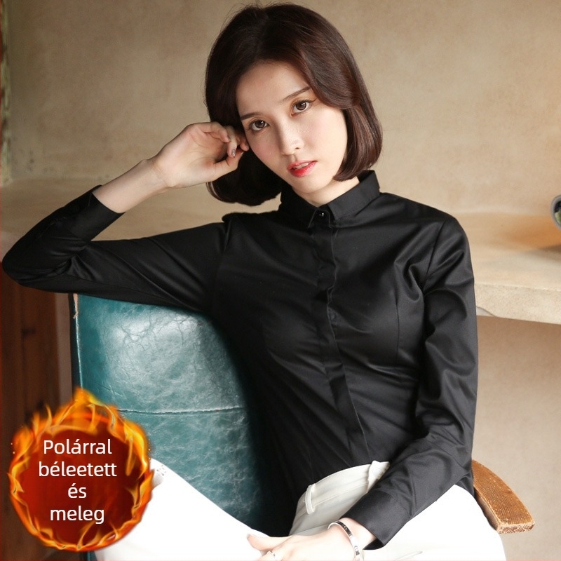 Fleece-alapú béléssel ellátott hosszú ujjú ing, pamut-poliészter keverék, szűk fazon, V-nyakú gallér, professzionális munkaruházat