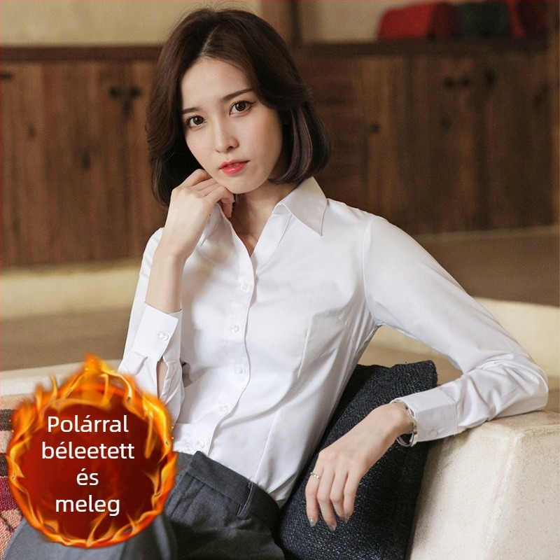 Fleece-alapú béléssel ellátott hosszú ujjú ing, pamut-poliészter keverék, szűk fazon, V-nyakú gallér, professzionális munkaruházat