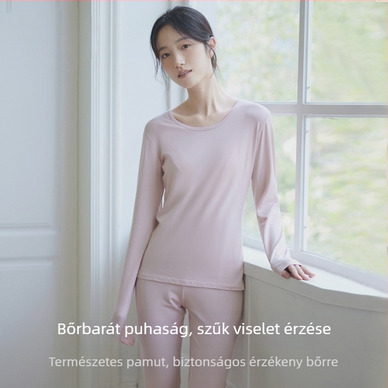 Női őszi pamut kötött felső és nadrág szett – vékony, 100% pamutból készült alsóruha, egyszínű