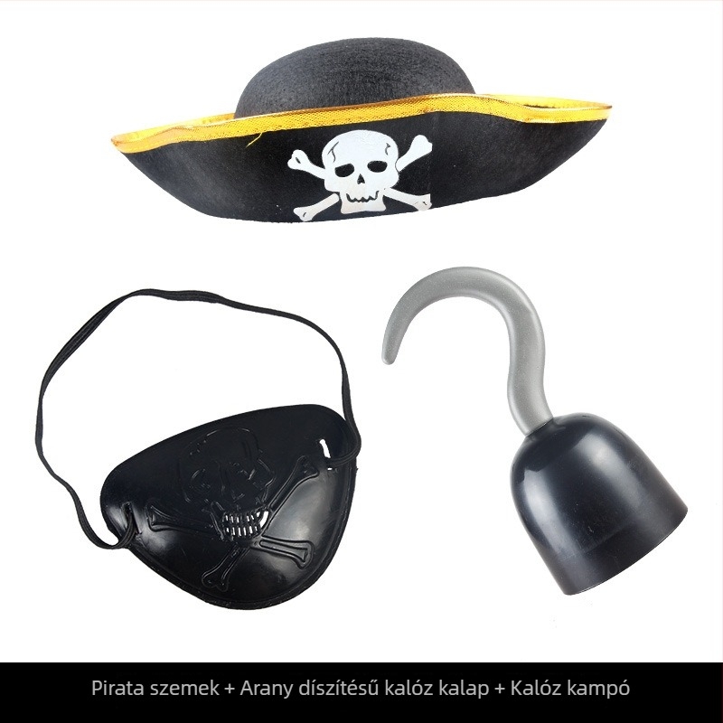 Halloween-i pirata jelmezkészlet: szemmaszk, pisztoly és kalap – poliészter, varrás, smink kellékek