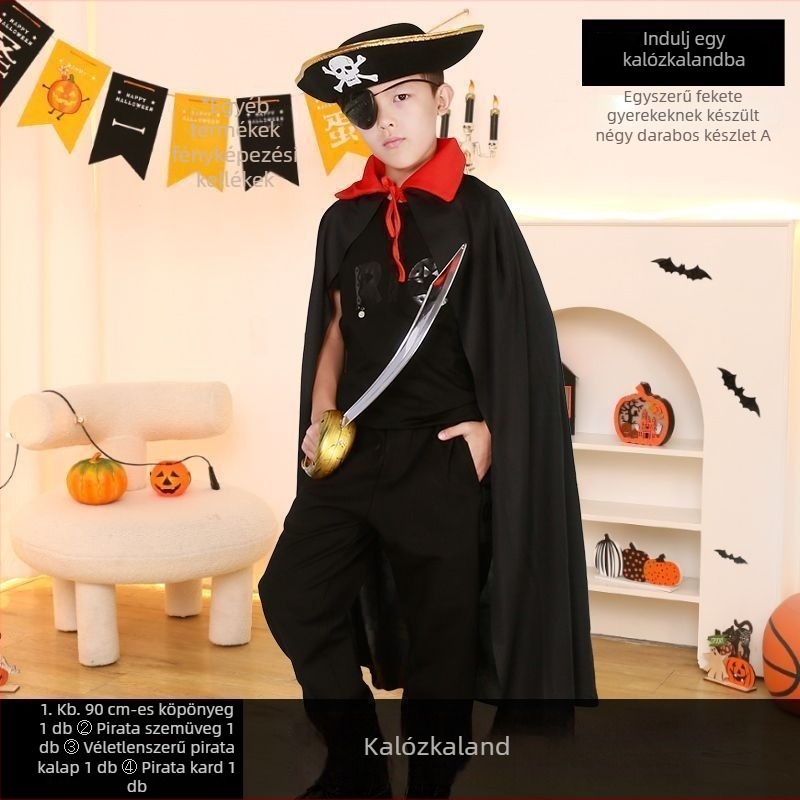Halloween-i pirata jelmezkészlet: szemmaszk, pisztoly és kalap – poliészter, varrás, smink kellékek