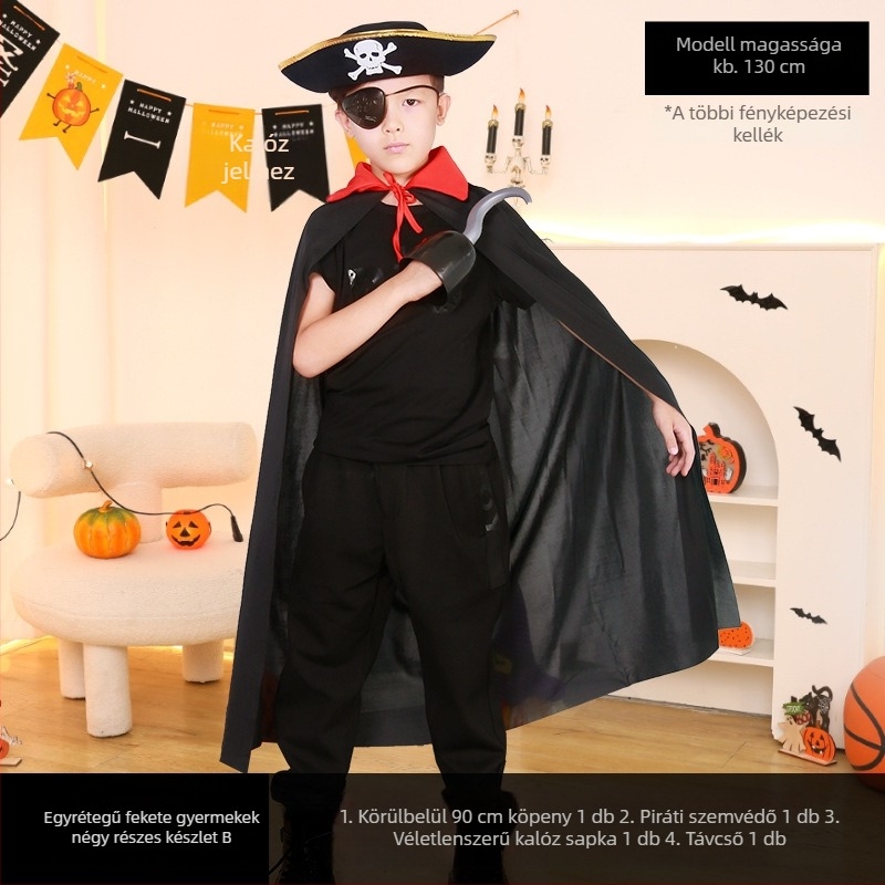 Halloween-i pirata jelmezkészlet: szemmaszk, pisztoly és kalap – poliészter, varrás, smink kellékek