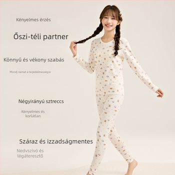 Őszi-téli pamutból készült női termikus készlet, A osztály, állatmintás, kerek nyakú felső és nadrág