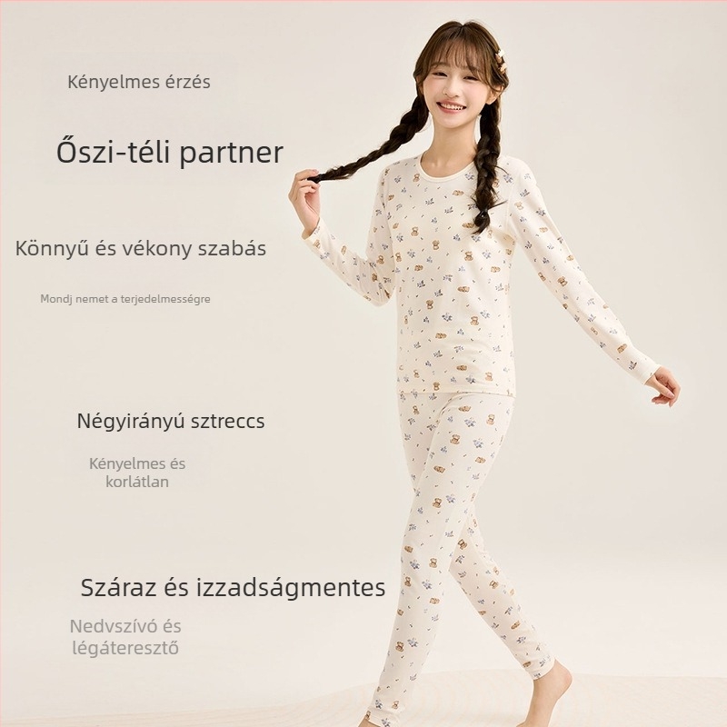 Őszi-téli pamutból készült női termikus készlet, A osztály, állatmintás, kerek nyakú felső és nadrág