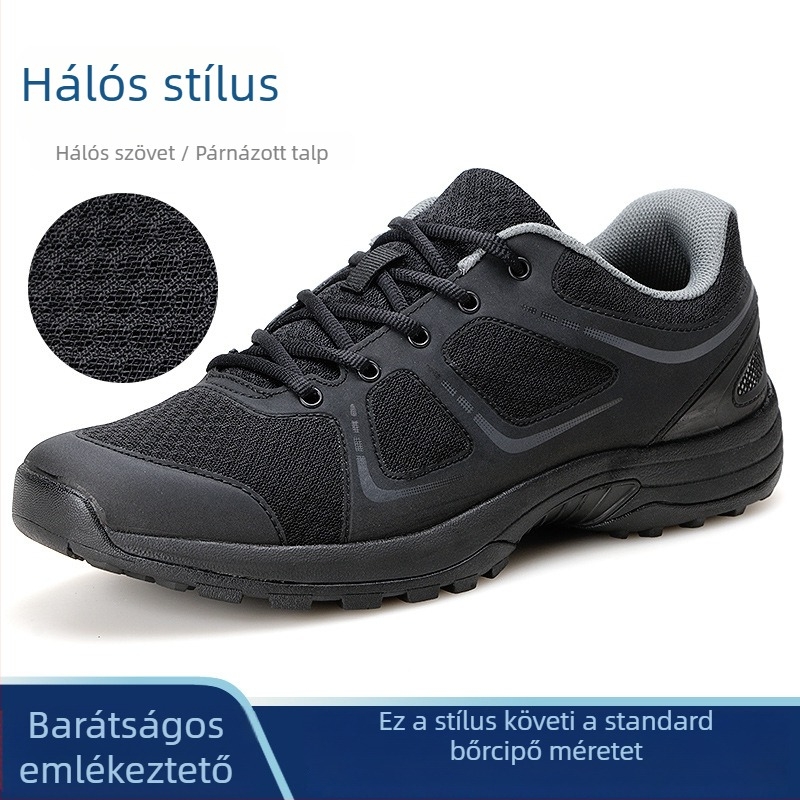 Sportos mindennapi cipő hálós felsőrésszel és gumitalppal (felső: háló, talp: gumi, középmagas sarok 3–5 cm, fűzőzárás, kerek orr)