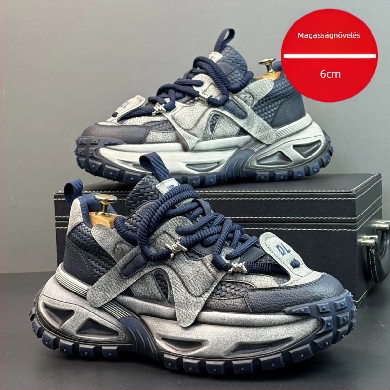 Férfiak széles orrú sportcipő, magasságot növelő dizájn, textil felsőrész, Goodyear gumitalp, hálós bélés
