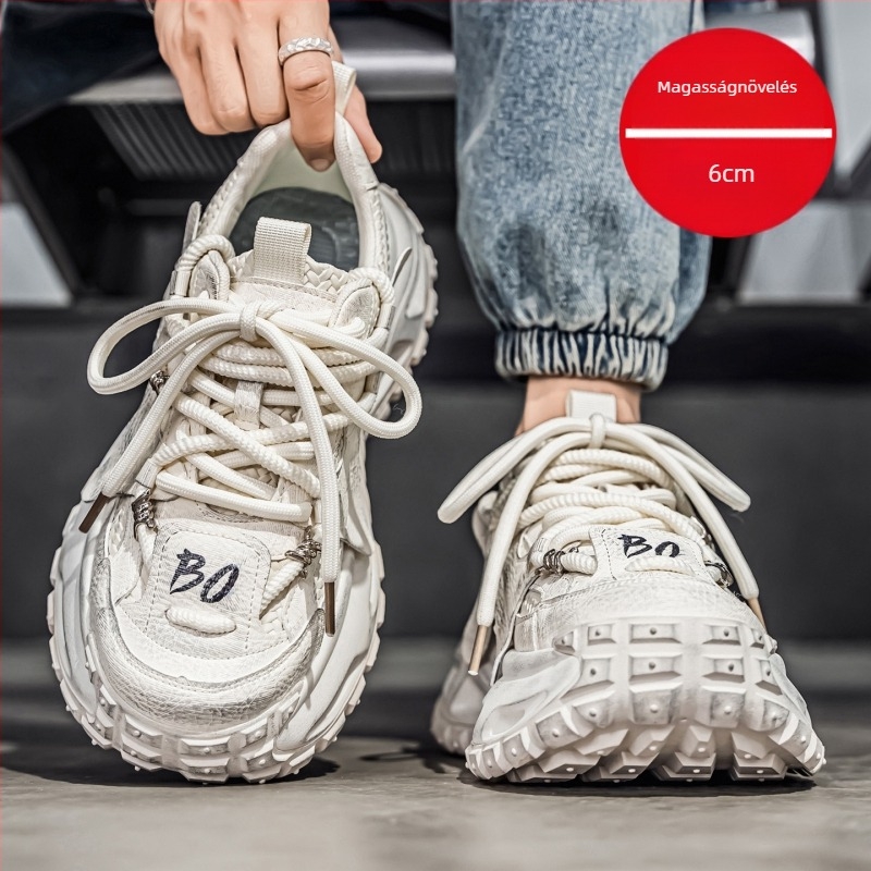 Férfiak széles orrú sportcipő, magasságot növelő dizájn, textil felsőrész, Goodyear gumitalp, hálós bélés