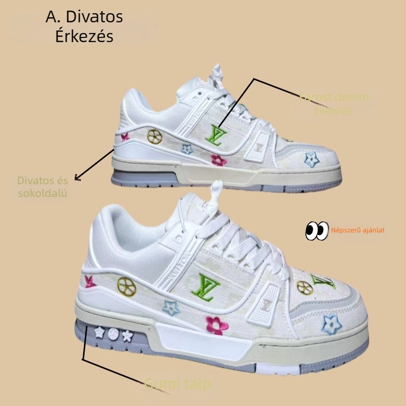 Uniszex denim vászon sneaker broderiával — lélegzetelátó belső háló, pamut talpbetét, gumírozott talp, kerek orr, középmagas 3-5 cm