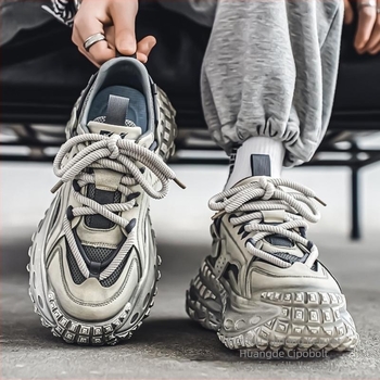Férfi dad shoes, lélegző PU+hálós felsőrész, gumírozott talp, fűzős zárás, kerek orr, középmagas sarok 3–5 cm