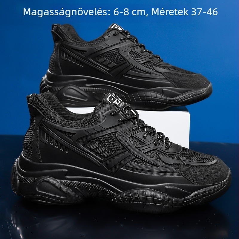 Férfi magasságnövelő sportcipő, 6 cm-es emeléssel, légáteresztő hálós felsőrész, PU talp, könnyű, csúszásmentes