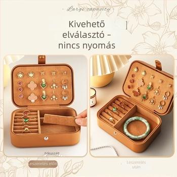 Bőr ékszerdoboz, kompakt retro stílusú tároló fülbevalókhoz, nyaklánchoz, gyűrűkhöz és karkötőhöz.