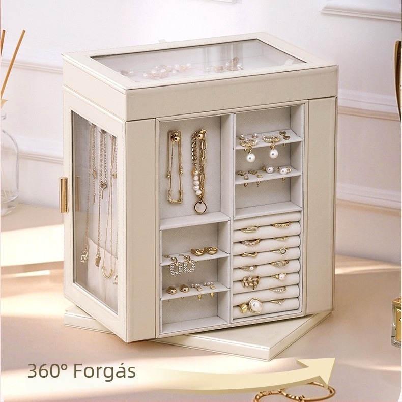 6 rétegű bőrből készült ékszerdoboz asztali használatra forgó ablakkal, porvédett tároló nyakláncokra, gyűrűkre és fülbevalókra