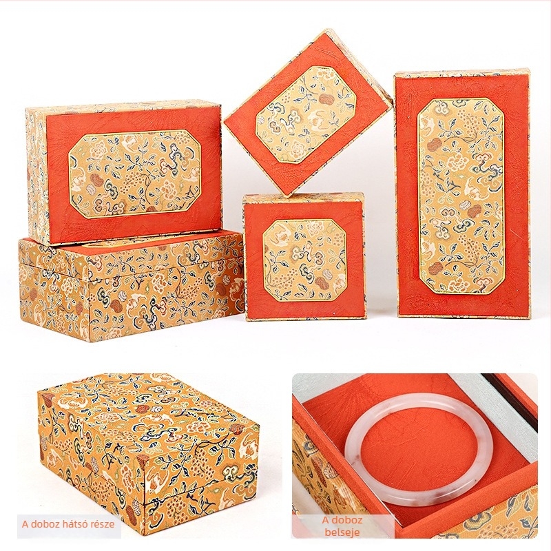 Textilból készült ékszerdoboz kettős fedéllel, brokát stílus, belső csomagolás, márka Double Crown Packaging