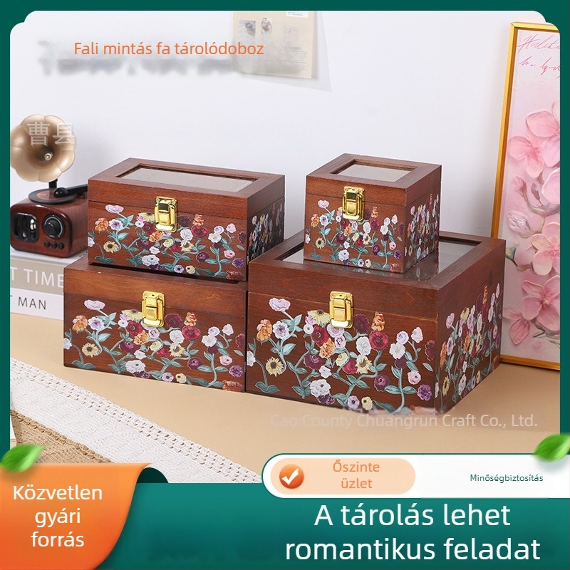 Fából készült ékszeres doboz felnyíló fedéllel, átlátszó ablakkal, virágmintás, tároló- és kiállító doboz zárható