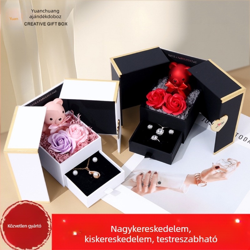 Kétajtós medve rózsa gyűrűkhez készült ékszerdoboz (Anyag: műanyag + papír; Márka: Double Bear; Csomagolás: doboz; Cél: gyűrűcsomagolás; Különleges csomagolás: ékszercsomagolás)