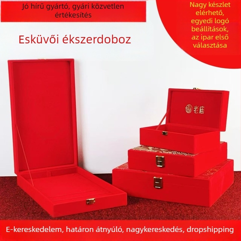 Eljegyzési ékszerdoboz faanyagból, bársonyos belsővel, vintage stílusú, alkalmas karkötőkre, nyakláncokra és gyűrűkre