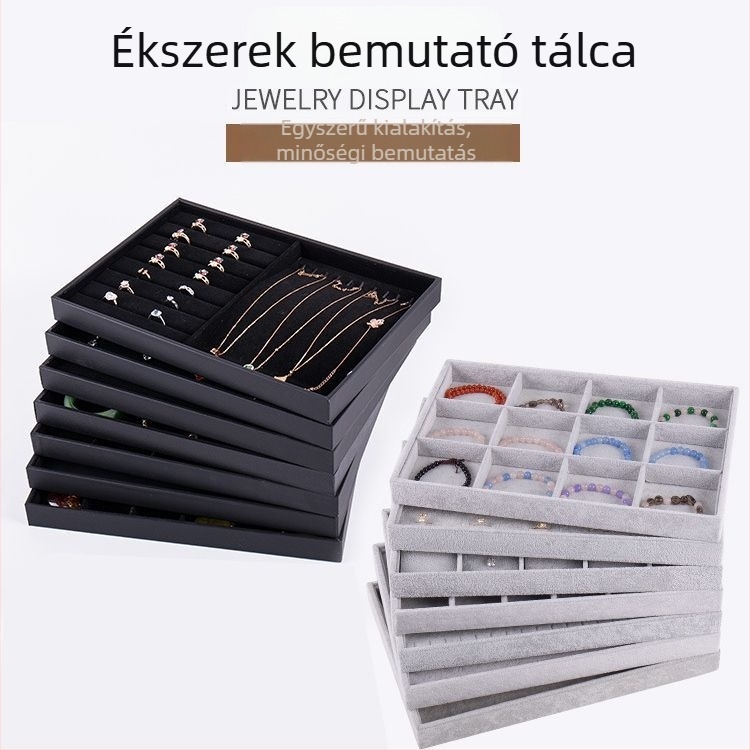 Ékszertálca szervező gyűrűk, nyakláncok, karkötők és fülbevalók számára; flanel felület, egyszerű stílus, merev kivitel