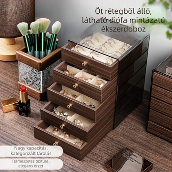 Diófa erezetű ékszerdoboz, látható öt szintes tároló, nagy kapacitás, koreai stílus