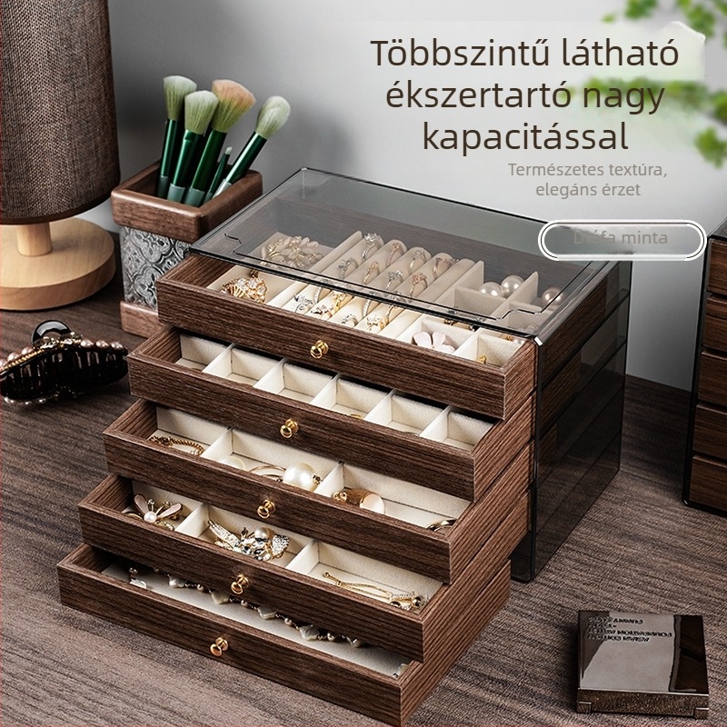 Diófa erezetű ékszerdoboz, látható öt szintes tároló, nagy kapacitás, koreai stílus