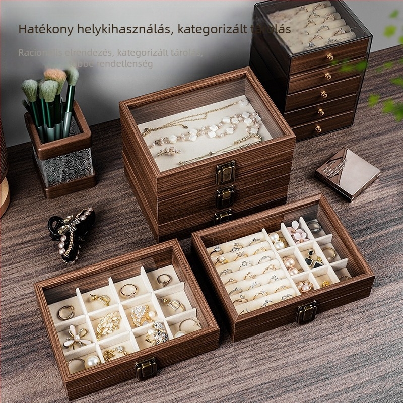 Diófa erezetű ékszerdoboz, látható öt szintes tároló, nagy kapacitás, koreai stílus