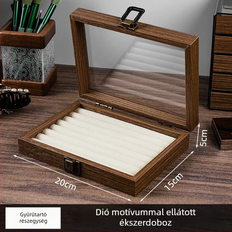 Diófa erezetű ékszerdoboz, látható öt szintes tároló, nagy kapacitás, koreai stílus